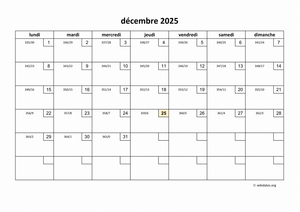 Calendrier Décembre 2025