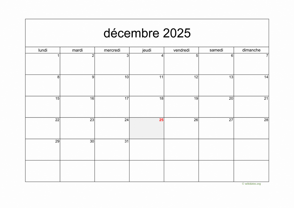 Calendrier Décembre 2025  WikiDates.org