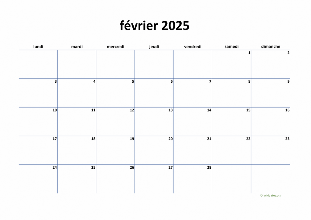 Calendrier Février 2025