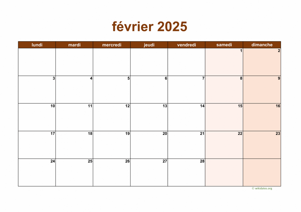 Calendrier Février 2025
