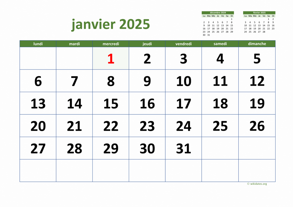 Calendrier Janvier 2025