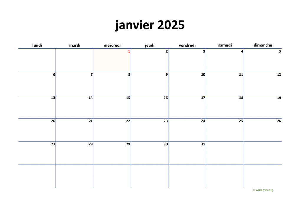 Calendrier Janvier 2025