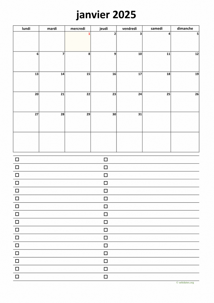 Calendrier Janvier 2025
