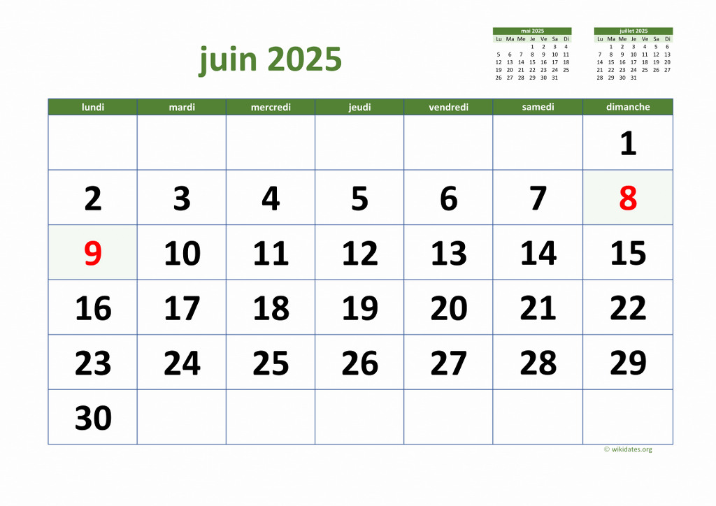 Calendrier Juin 2025