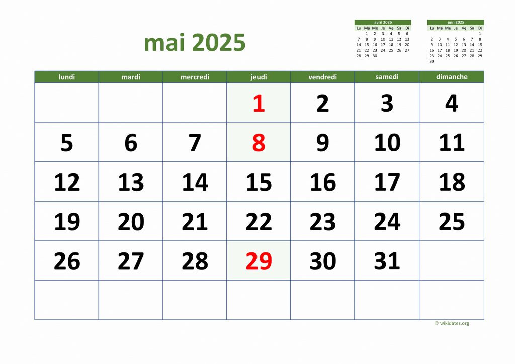 Calendrier Mai 2025