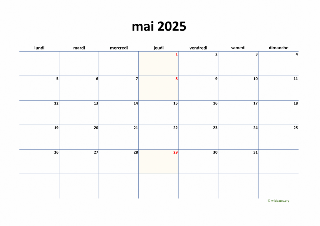 Calendrier Mai 2025