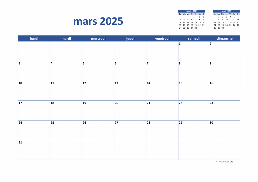 Calendrier Mars 2025