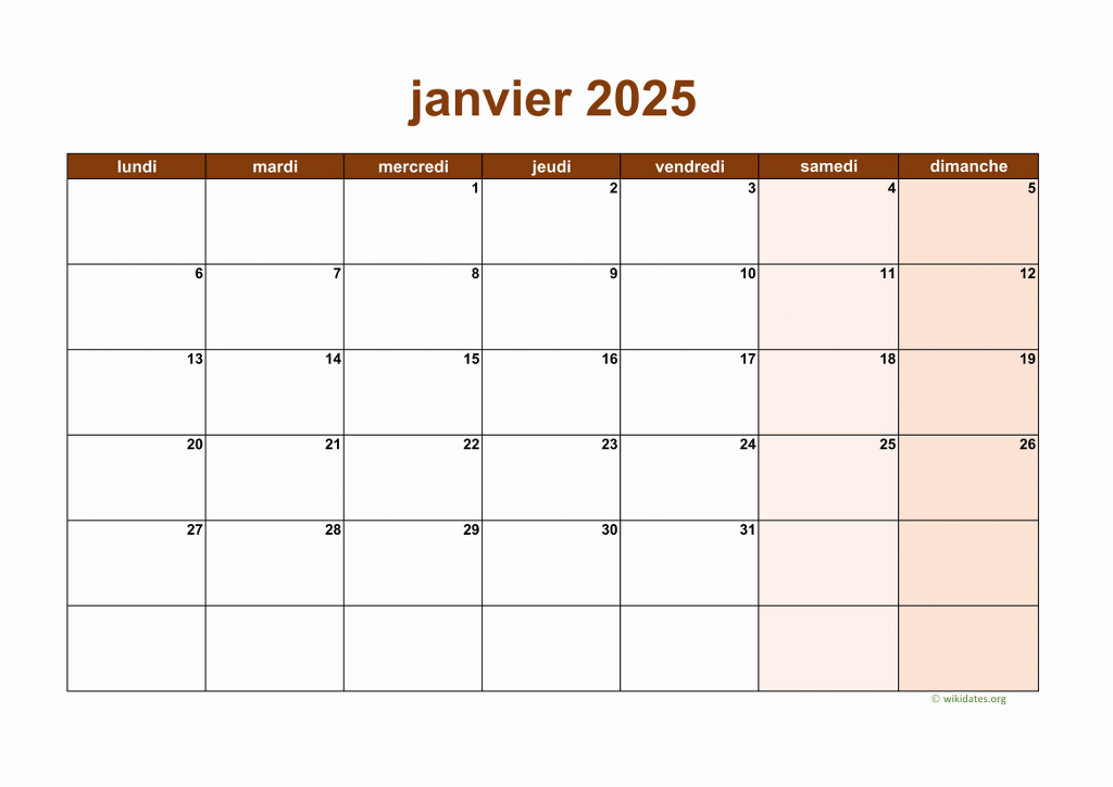 Calendrier 2025 à imprimer  WikiDates.org