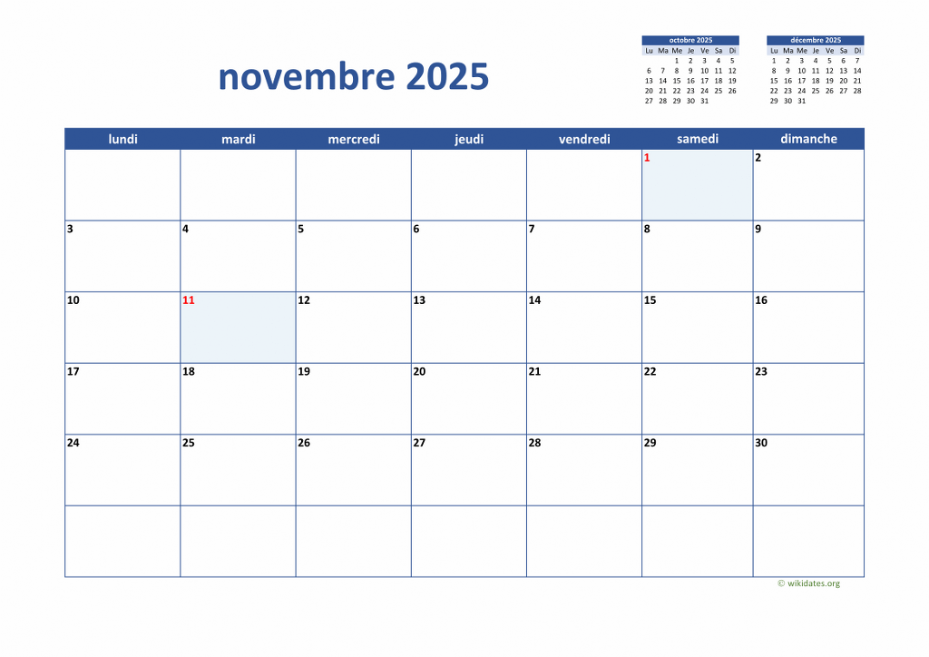 Calendrier Novembre 2025