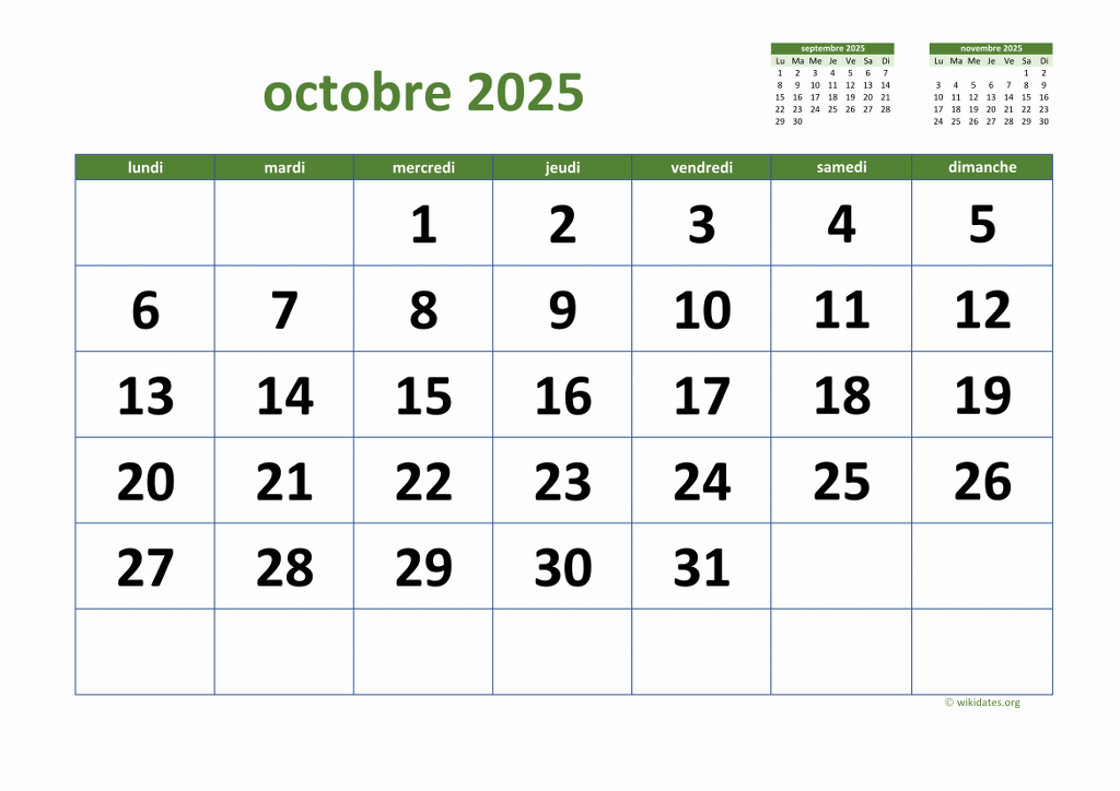 Calendrier Octobre 2025