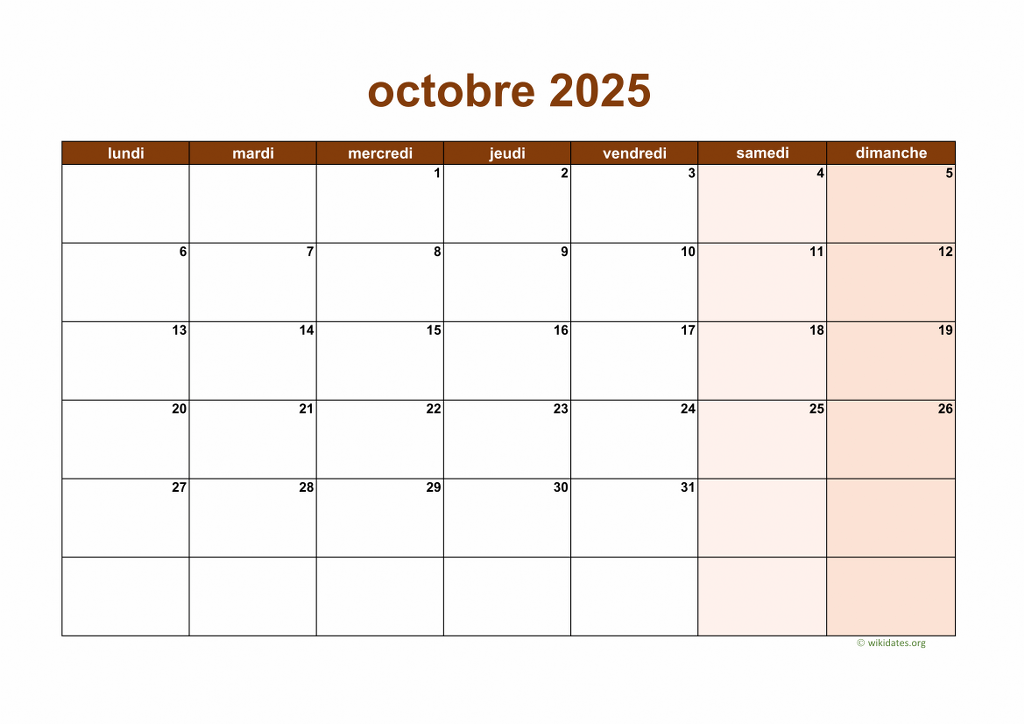 Calendrier Octobre 2025