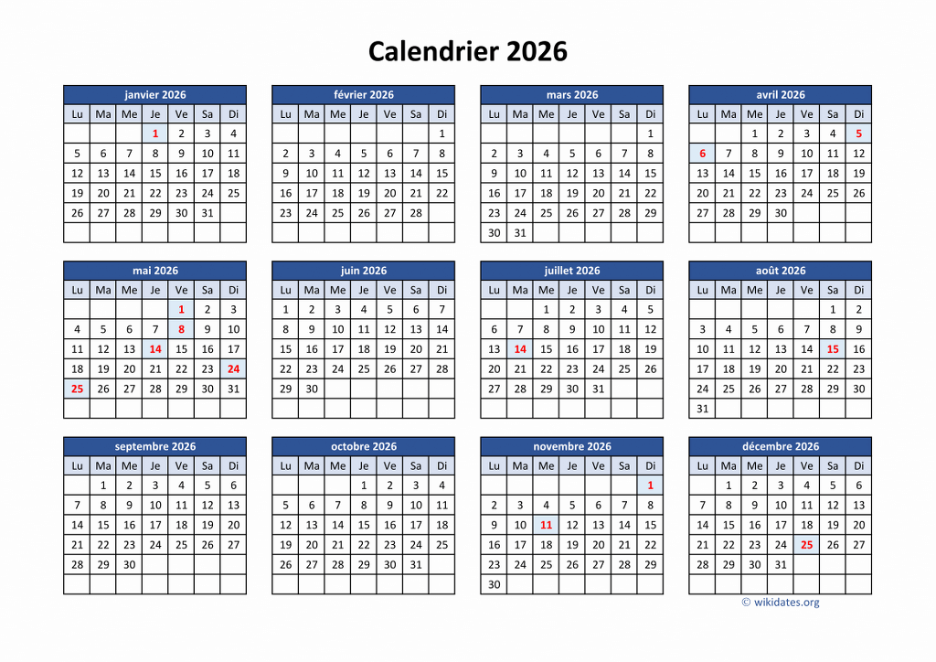 Calendrier 2026 à imprimer