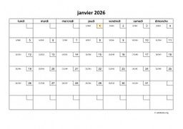 calendrier mensuel 2026 01