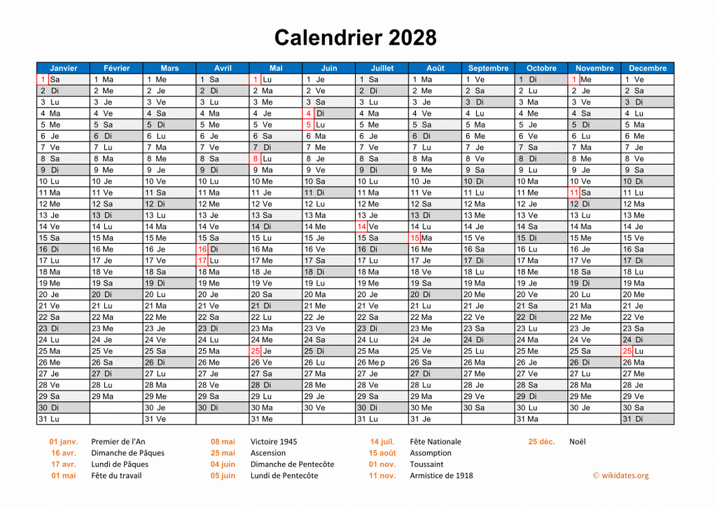 Calendrier 2028 à imprimer