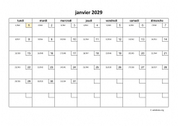 calendrier janvier 2029 01
