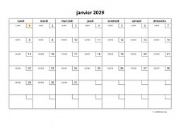calendrier mensuel 2029 01