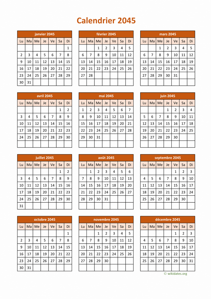Calendrier 2045 à imprimer