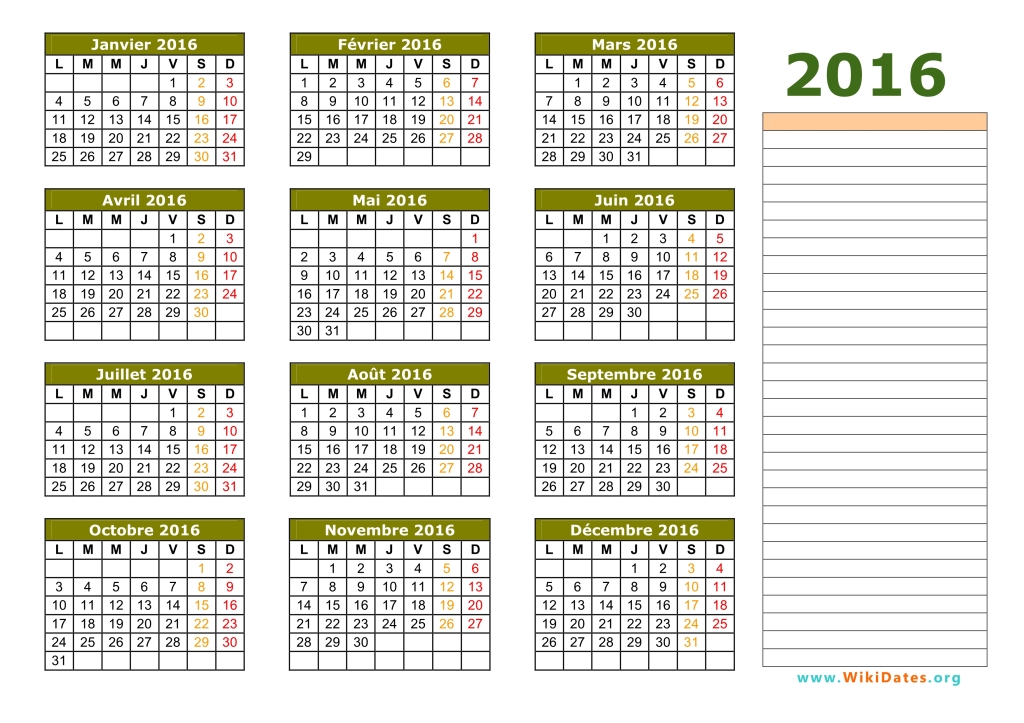 calendrier 2016