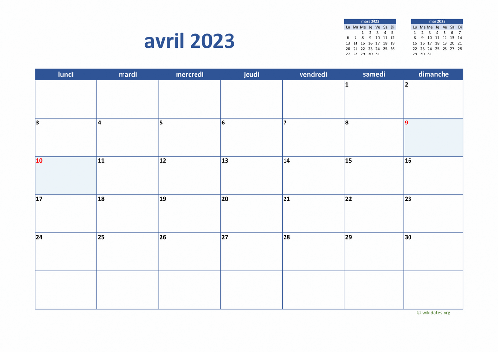 Calendrier Avril 2023