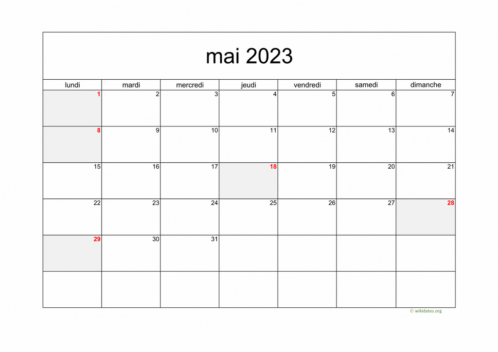 Calendrier Mai 2023