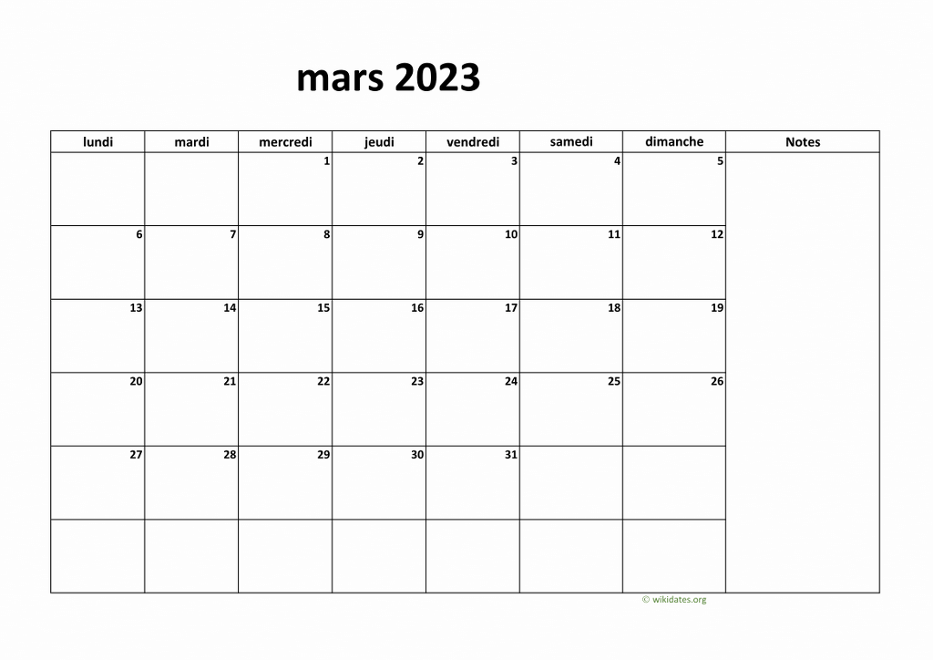 Calendrier Mars 2023 | WikiDates.org