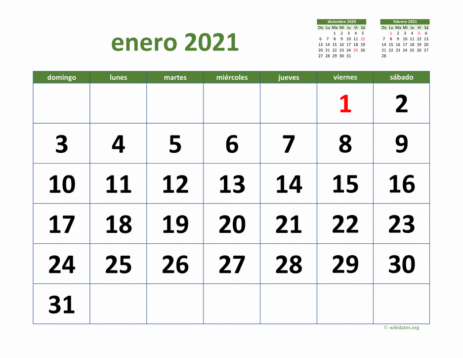 Calendario Enero 2021 De México