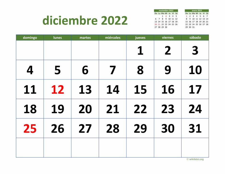 Calendario Diciembre 2022 De México