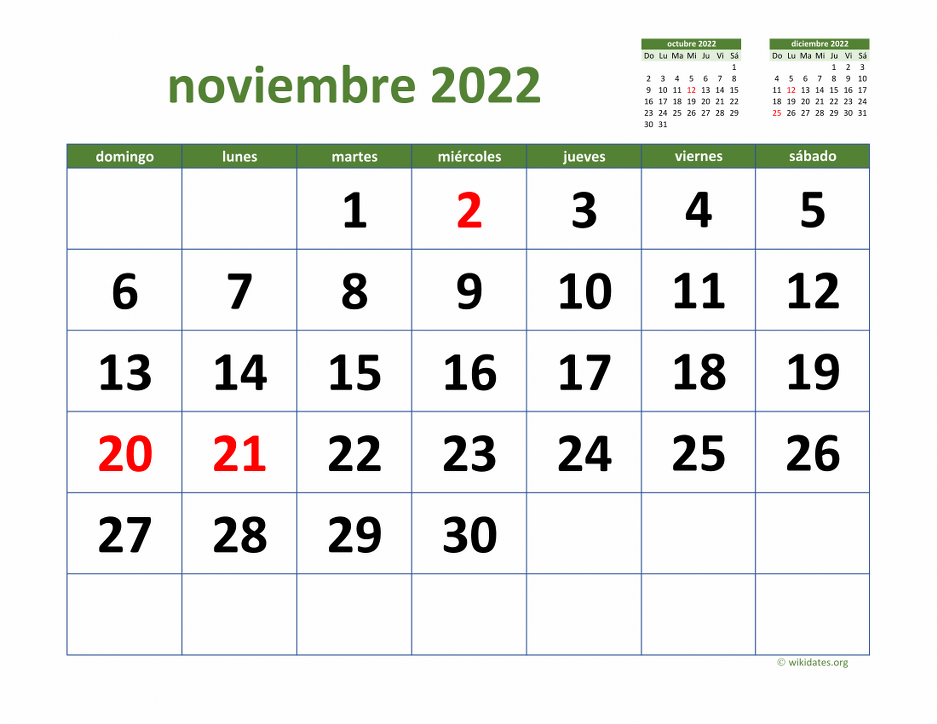 Calendario Noviembre 2022 Para Imprimir