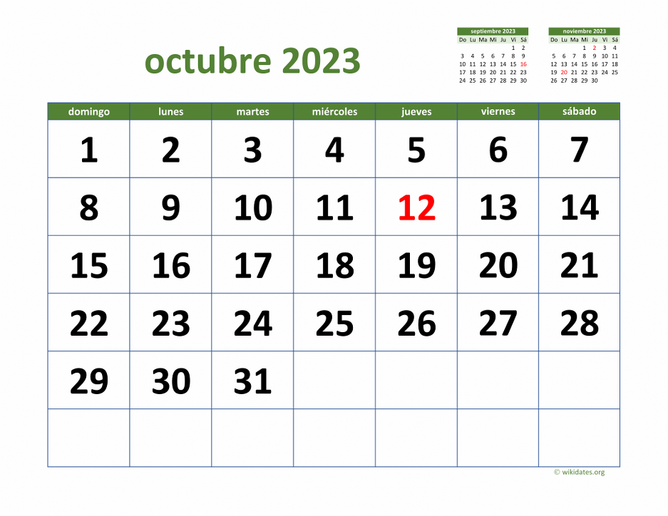 Calendario Octubre 2023 de México