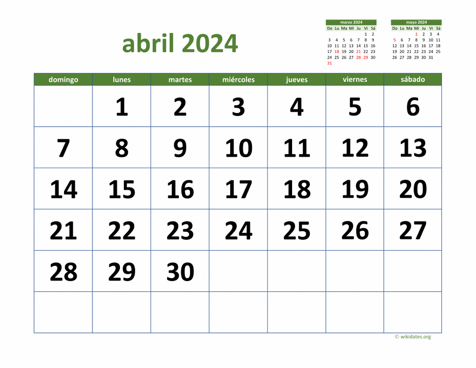 Calendario Abril 2024 de México