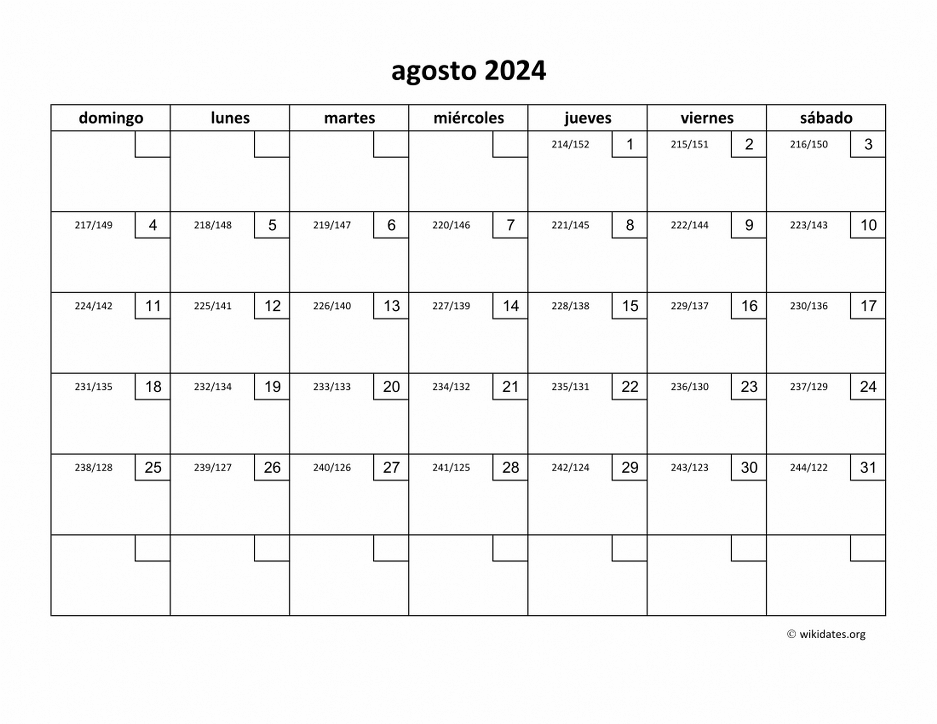 Calendario Agosto 2024 de México