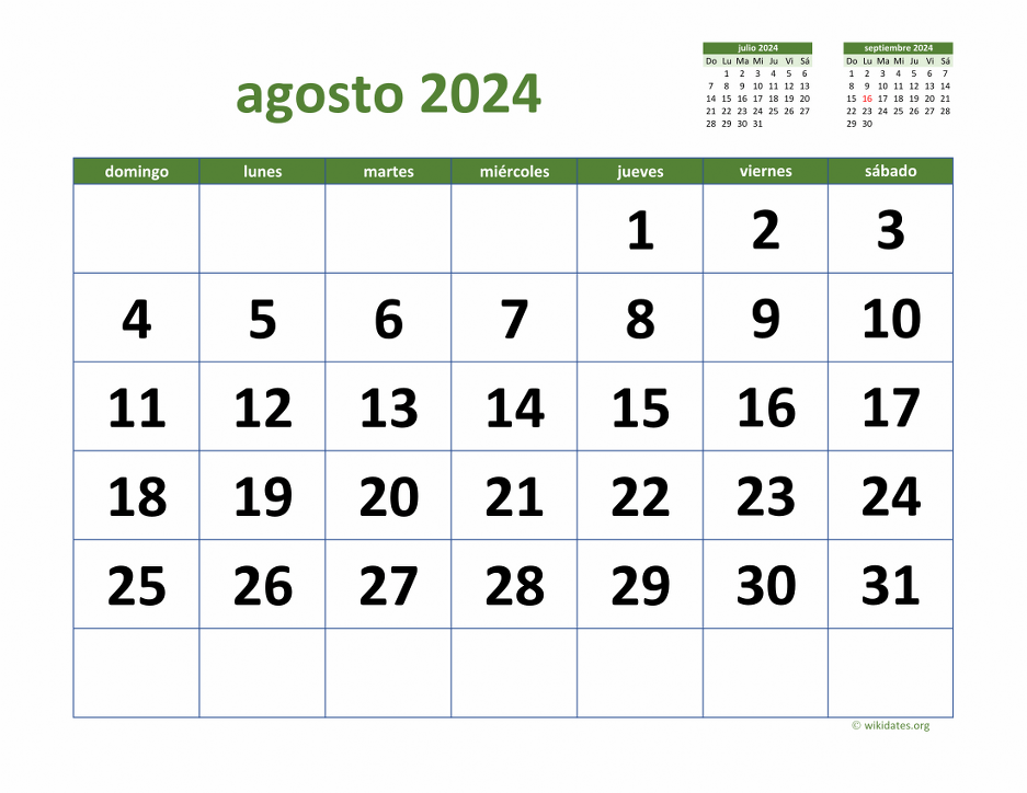 Calendario Agosto 2024 de México