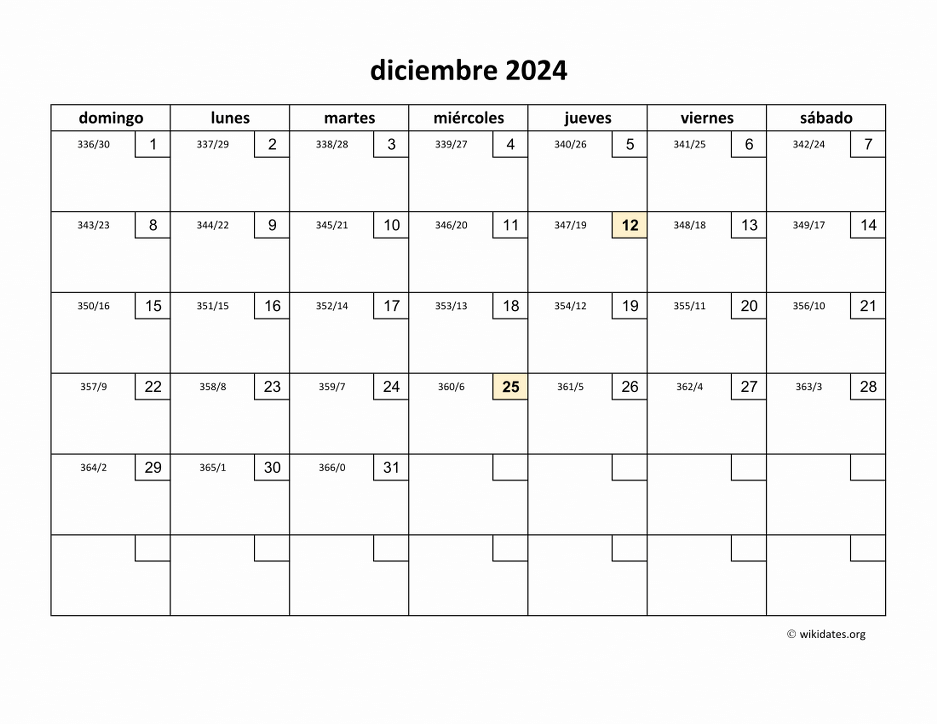 Calendario Diciembre 2024 de México
