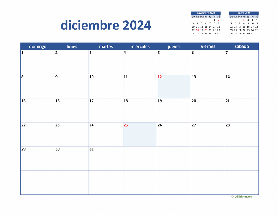 Calendario Diciembre 2024 de México