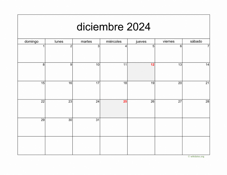 Calendario Diciembre 2024 de México