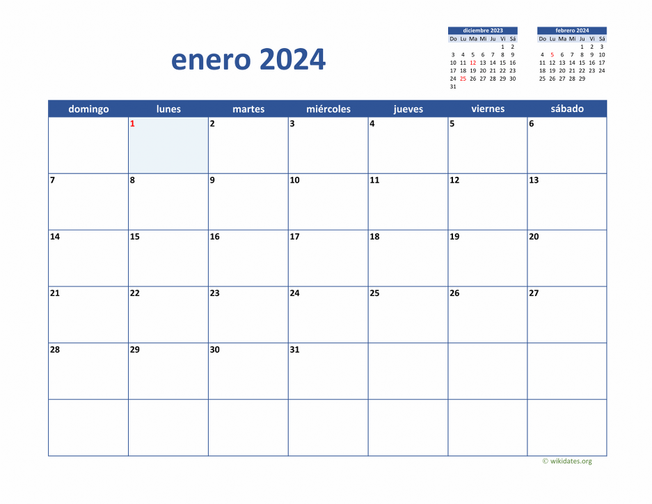 Calendario Enero 2024 de México