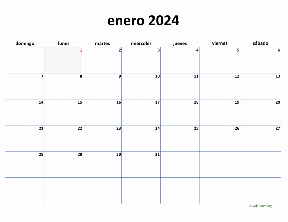 Calendario Enero 2024 de México