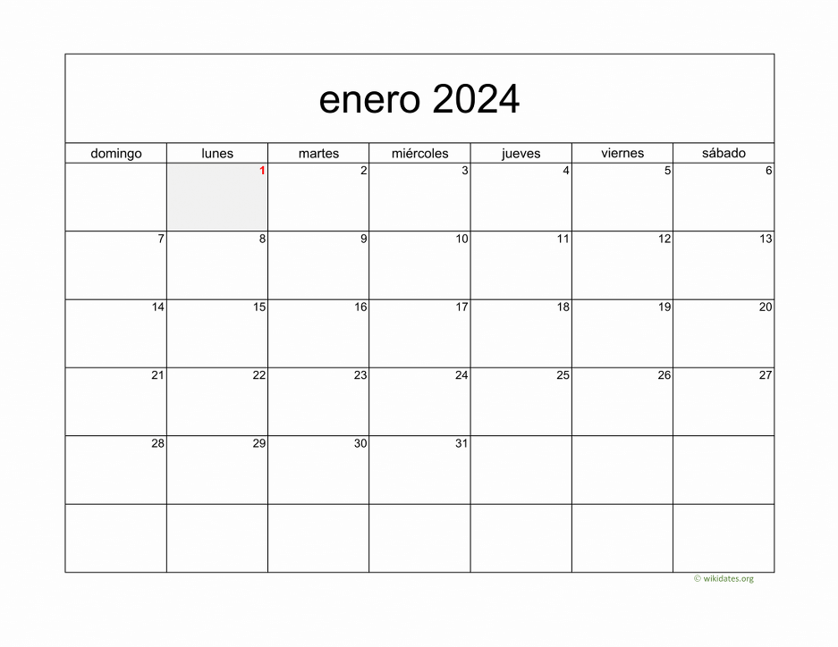 Calendario Enero 2024 de México