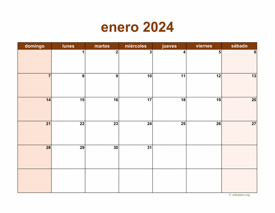 Calendario Enero 2024 de México