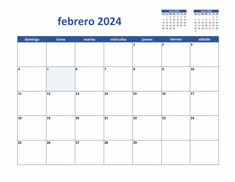 Calendario Febrero 2024 de México