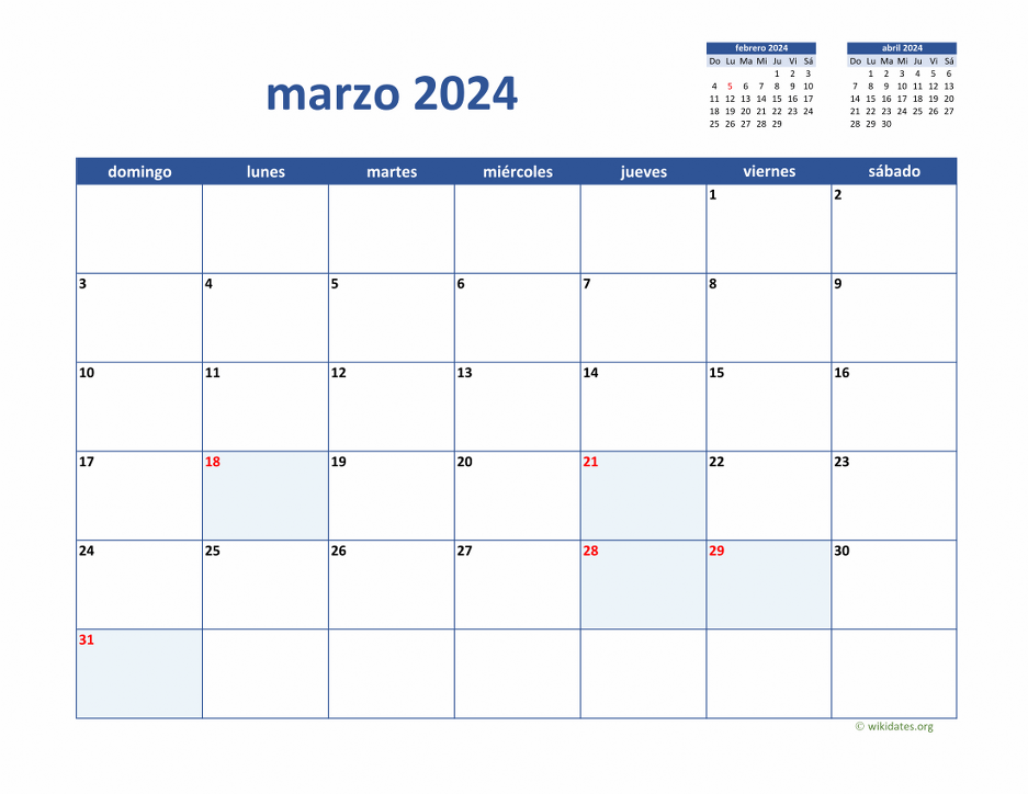 Calendario Marzo 2024 de México