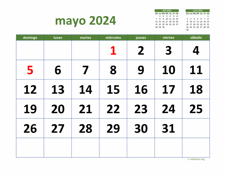 Calendario Mayo 2024 de México