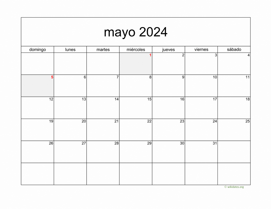Calendario Mayo 2024 de México