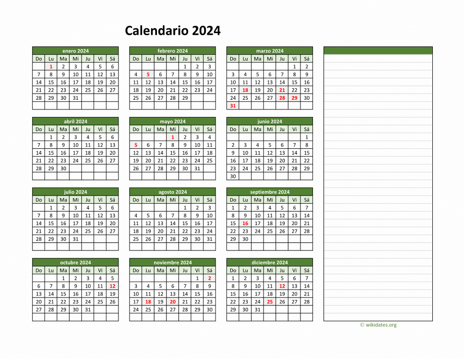 Calendario de México del 2024 con los días festivos