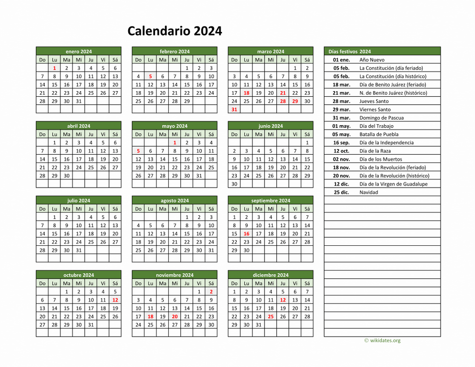 Calendario de México del 2024 con los días festivos
