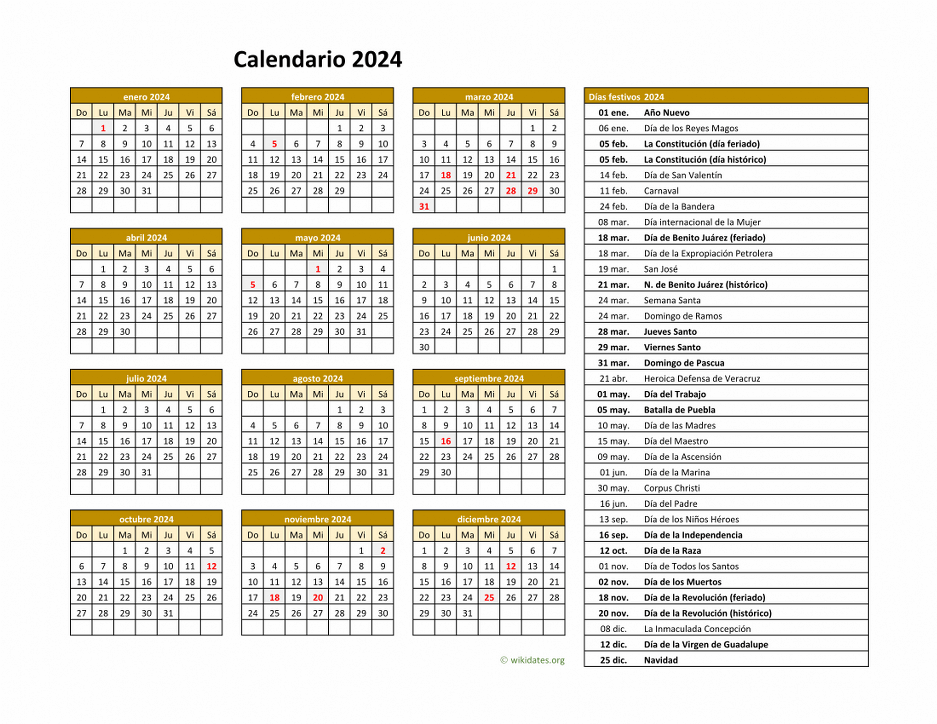 Calendario de México del 2024 con los días festivos