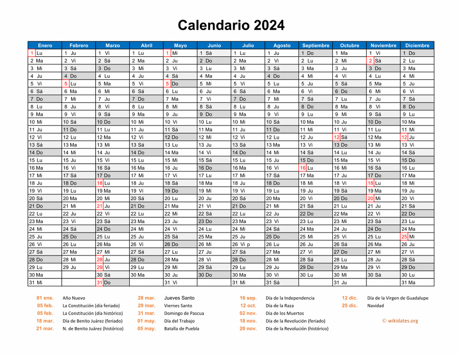 Calendario de México del 2024 con los días festivos
