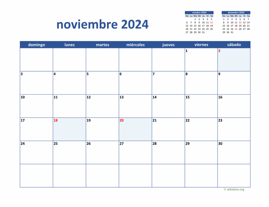 Calendario Noviembre 2024 de México