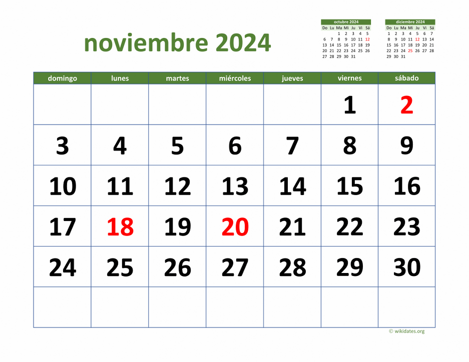 Calendario Noviembre 2024 de México