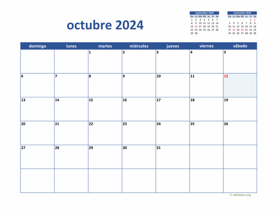 Calendario Octubre 2024 de México